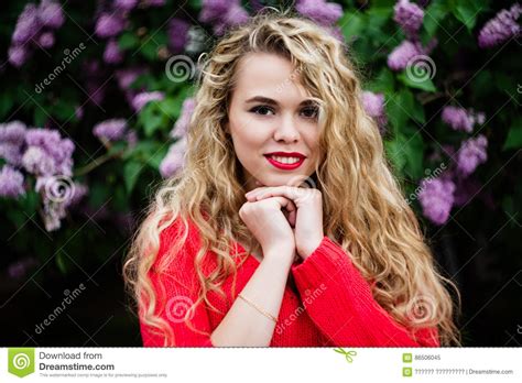 Girl Posing Against Blooming Violet Lilac Tree Stock Image Image Of