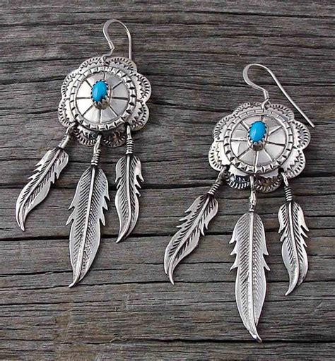 Navajo Turquoise Feather Dangle Silver Earrings Navajo Dangle Etsy