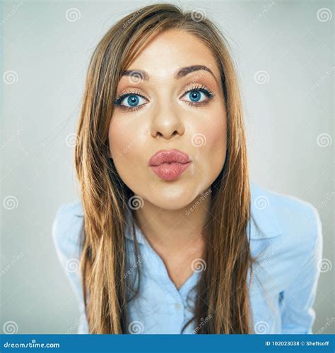 Woman Show Kiss Lips Face Portrait Of Business Woman Funny Fa Stock