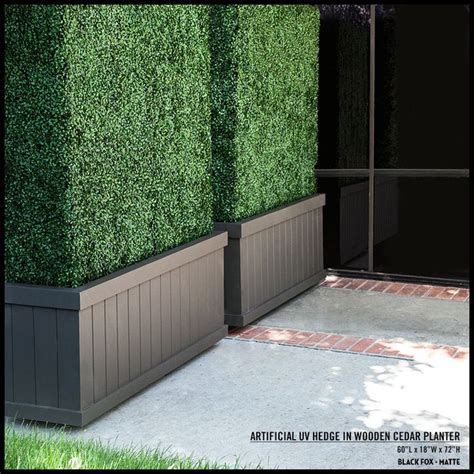 Cypress tree is tall and narrow and is an ideal choice for a privacy screen when planted in a row. Tall artificial hedges in dark brown planters create a ...