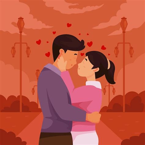 Ilustración Plana Pareja Besándose Vector Premium