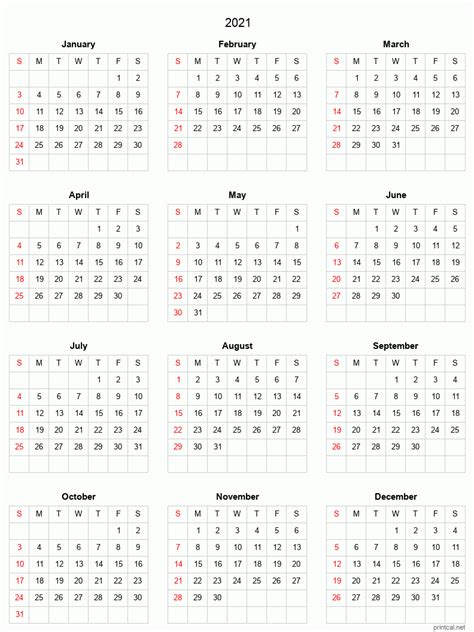 Printable 2021 Yearly Calendar With Boxes
