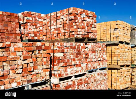 Building Materials Stacked Pallets Of Used Building Bricks At A Brick