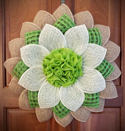 Large Natural Green And Cream Poly Burlap Burlap Flower Etsy