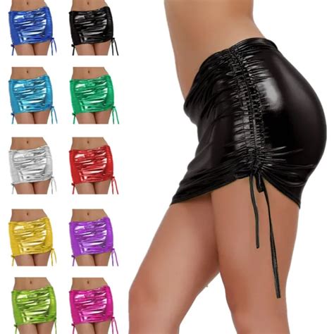 sexy women metallic ruched short mini skirt wetlook leather micro dress clubwear 4 60 picclick