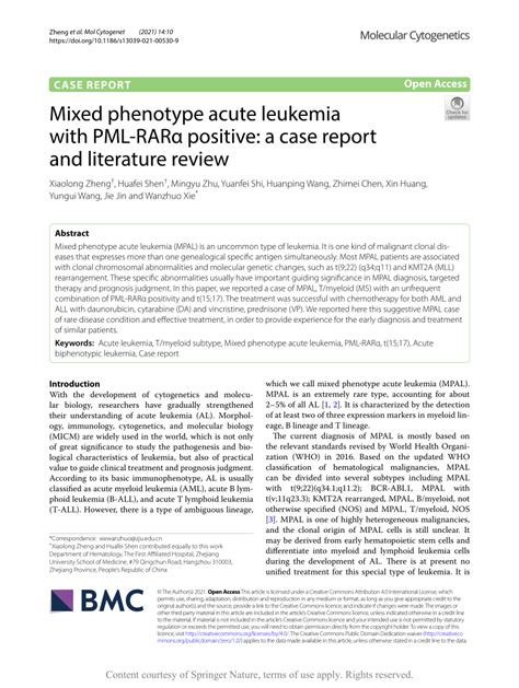 Pdf Mixed Phenotype Acute Leukemia With Pml Rarα Positive A Case