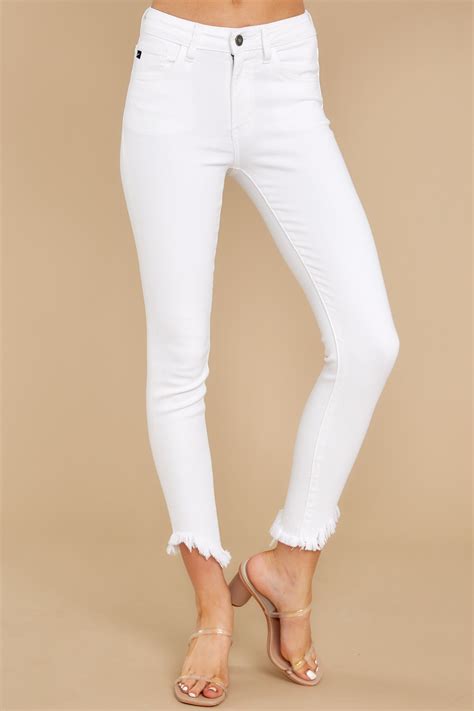 Stylish White Jeans Distressed Frayed Hem Jeans Bottoms