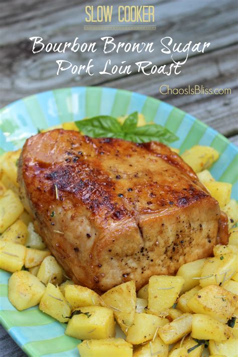 This pork is seasoned with a spiced apple butter, and roasted in apple juice. Bourbon Brown Sugar Pork Loin Roast | Slow Cooker Recipe