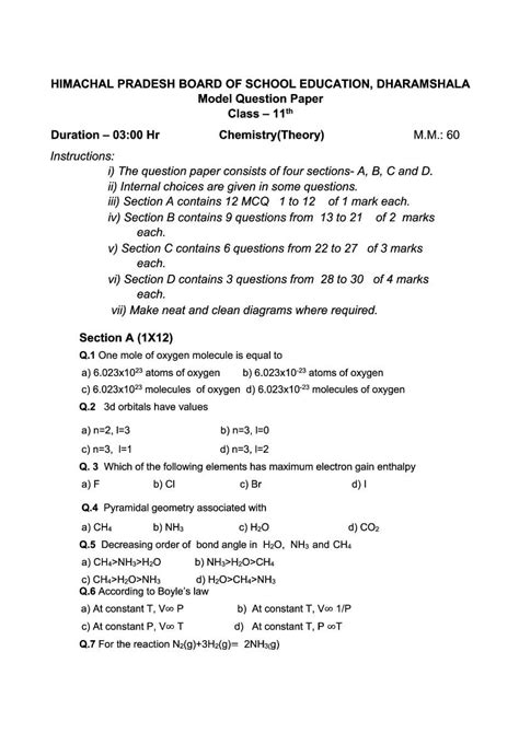 Hp Board Class 11 Chemistry Model Paper 2024 Pdf Hpbose 11th Sample