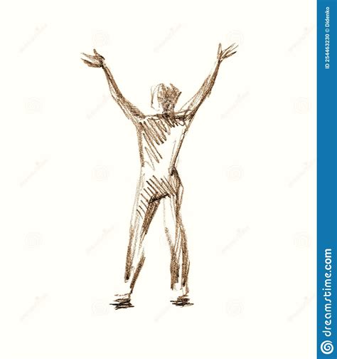 The Man Raised His Hands Up Back View Pencil Drawing Stock
