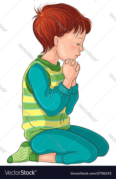 Boy Kneeling Down In Prayer With Her Hands Folded Vector Image