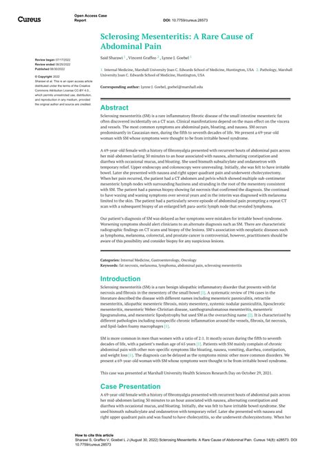 Pdf Sclerosing Mesenteritis A Rare Cause Of Abdominal Pain