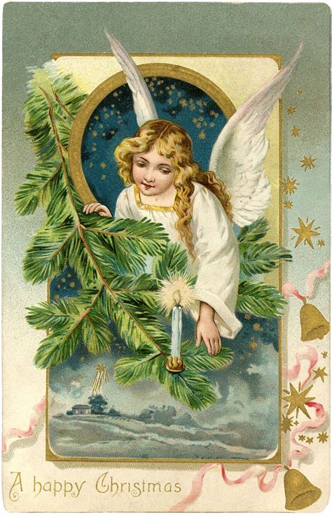 7 Angels With Christmas Trees Clipart Christmas Postcard Vintage