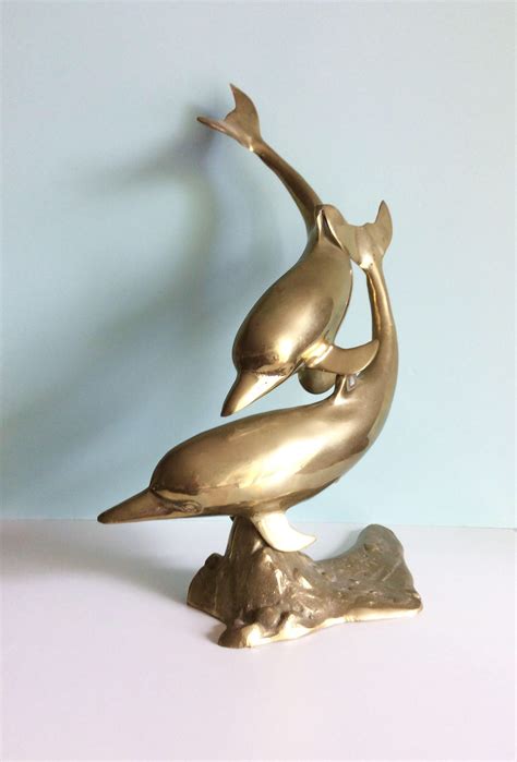 Vintage Brass Dolphin Sculpture Mid Century Coastal Decor Etsy Mid
