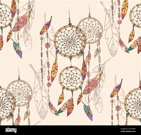 Bohemian Dream Catcher With Beads And Feathers Seamless Pattern Hand