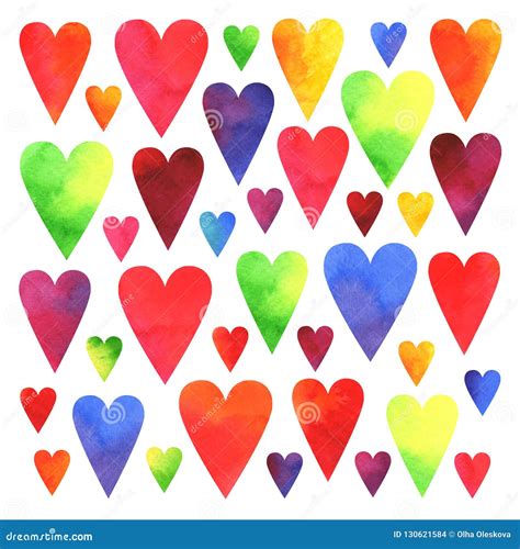 Hand Painted Watercolor Colorful Hearts Isolated On White Background