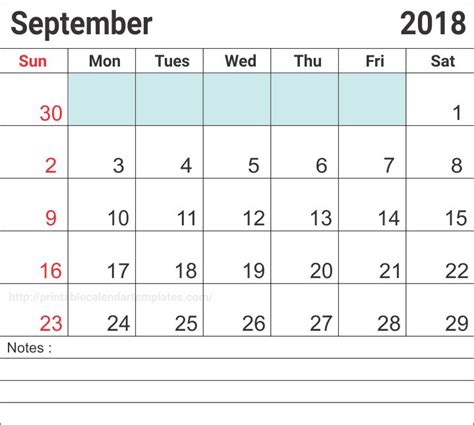 September 2018 Blank Calendar September 2018 Calendar Editable Blank