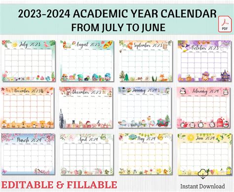 Editable Academic Calendar Printable Fillable Planner Homeschool