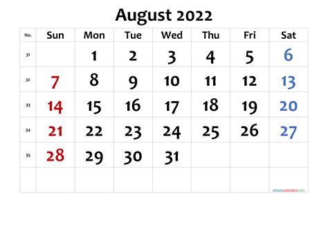 Printable Calendar 2022 August