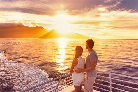 Travel Cruise Ship Couple On Sunset Cruise In Hawaii Holiday Two Tourists Lovers On Honeymoon