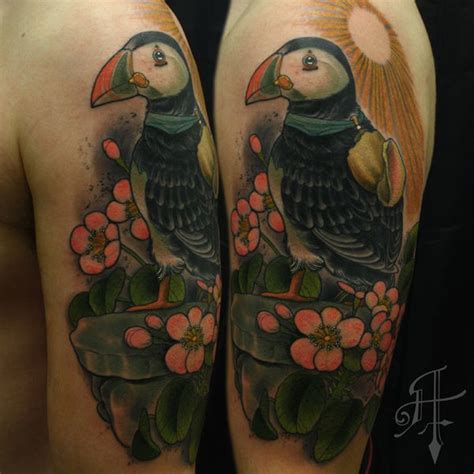 Neo Traditional Style Colored Shoulder Tattoo Of Beautiful Bird And