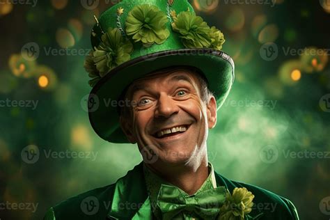 Ai Generated Portrait Of A Happy Leprechaun With Clover Leaves St