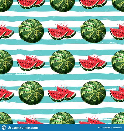 Watermelon Seamless Pattern Hand Drawn Watermelons On An Isolated
