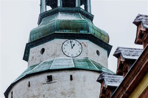 View At Church Clock On Tower While Snow Fall Stock Image Image Of