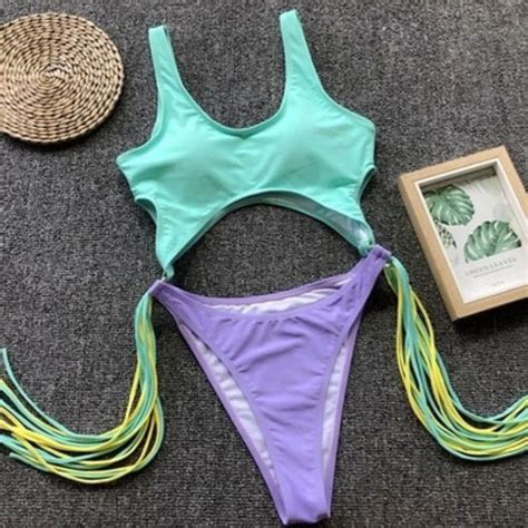 New Sexy High Cut Push Up Swimwear Tassel Suits Swim Suit Bikini