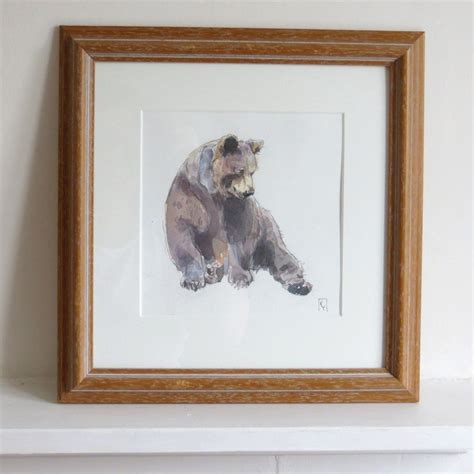 Grizzly Brown Bear Original Framed Watercolour Painting Wall Art Pen