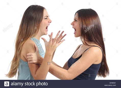 Two Aggressive Women Arguing And Shouting Isolated On A White