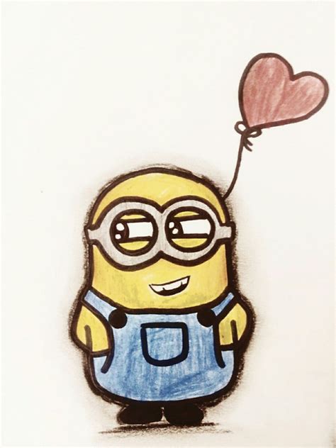 A Drawing Of A Minion Holding A Heart Shaped Balloon
