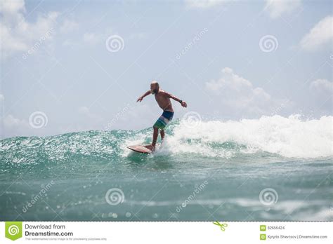 Surfer Man Surfing On Waves Splash Actively Stock Photo Image Of