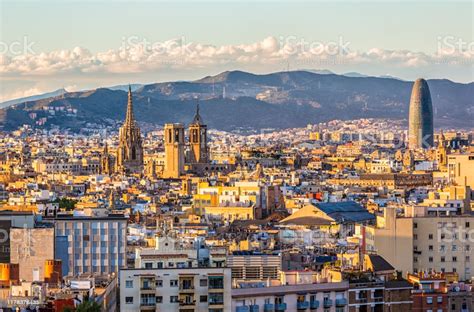 Skyline Barcelona At Sunset Stock Photo - Download Image Now - iStock