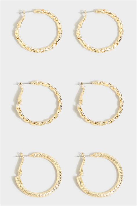 3 Pack Gold Twisted Hoop Earrings Yours Clothing