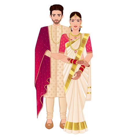 زوجان زفاف من جنوب الهند يقفان يرتديان اللى الحريري والشرواني زفاف زوجين ملابس احتفال Png