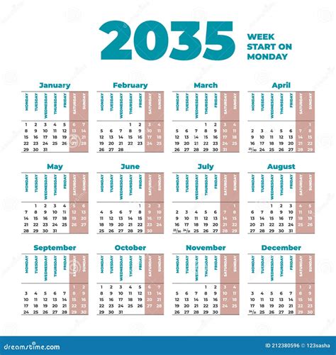 Modelo De Calendário Para 2035 Com Início Na Segunda Feira Ilustração