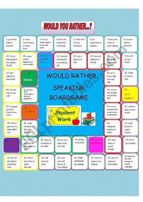 Would You Rather Speaking Board Game Esl Worksheet By Danielr
