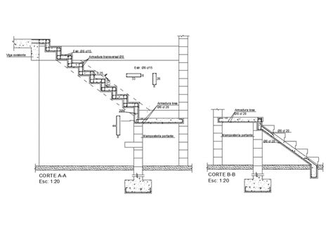 Staircase Construction With Broken Ladder Cad Structure Details Dwg
