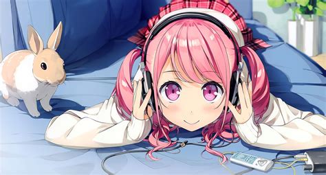 Download 1920x1033 Anime Girl Headphones Pink Hair Lying Down