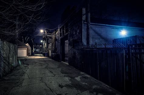 Dark Empty Scary Urban City Street Alley With Vintage Buildings At