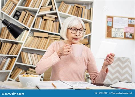 Serious Senior Woman Reviewing Lecture Stock Image Image Of Bilingual