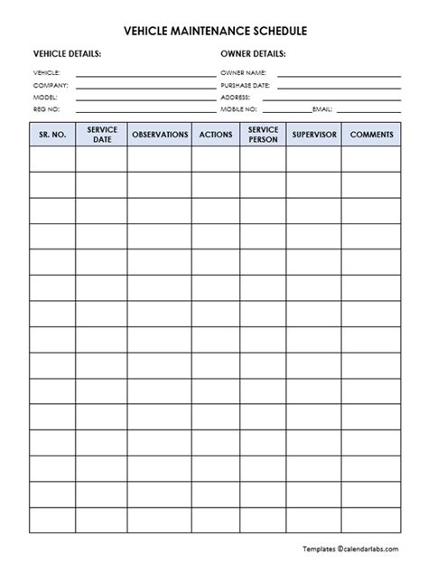 Vehicle Maintenance Schedule Template Free Printable Templates