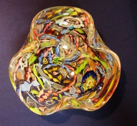 Murano Art Glass Bowl Tri Petal Blown Glass Multicolor Scramble W