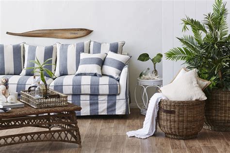 Denim And Cream Stripe 3 Seater Sofa Temple And Webster Striped Sofa