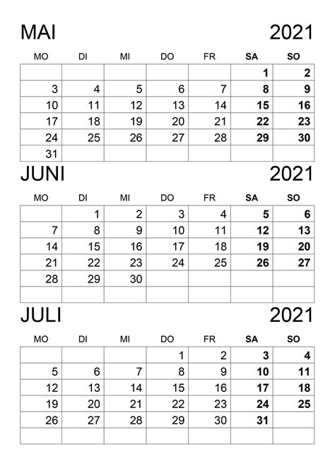 Kalender Mai Juni Juli 2021 Kalendersu