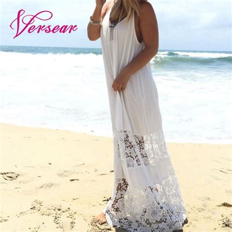 Versear Women Summer Dress White Lace Crochet Spaghetti Strap Loose