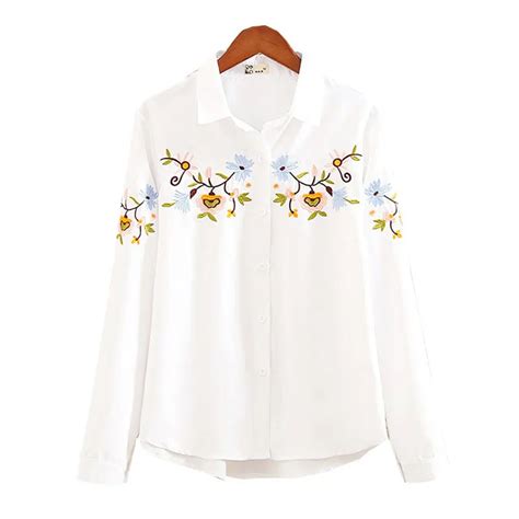 Fashion Autumn White Floral Embroidered Women Casual Shirts Plus Size