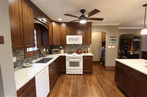 Transitional Kitchen With Cherry Cabinets Quartz Countertops Mosaic