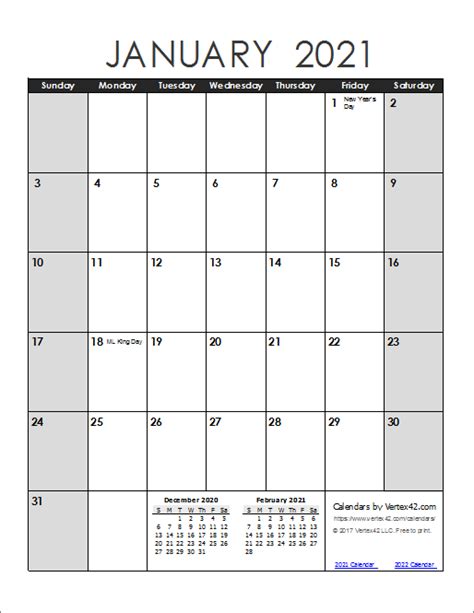 Free Printable 2021 Calendar Vertical January 2021 Ca